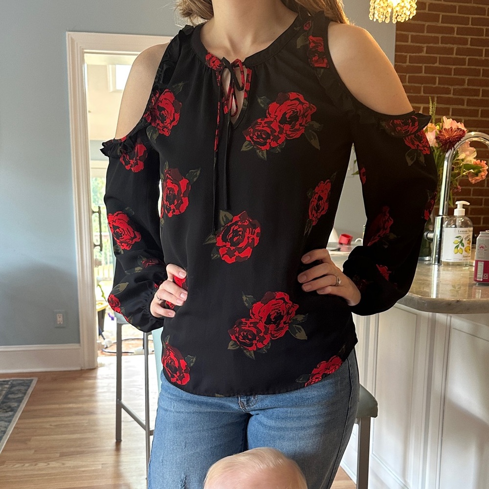 Floral Cold Shoulder Top - Black and Red rose